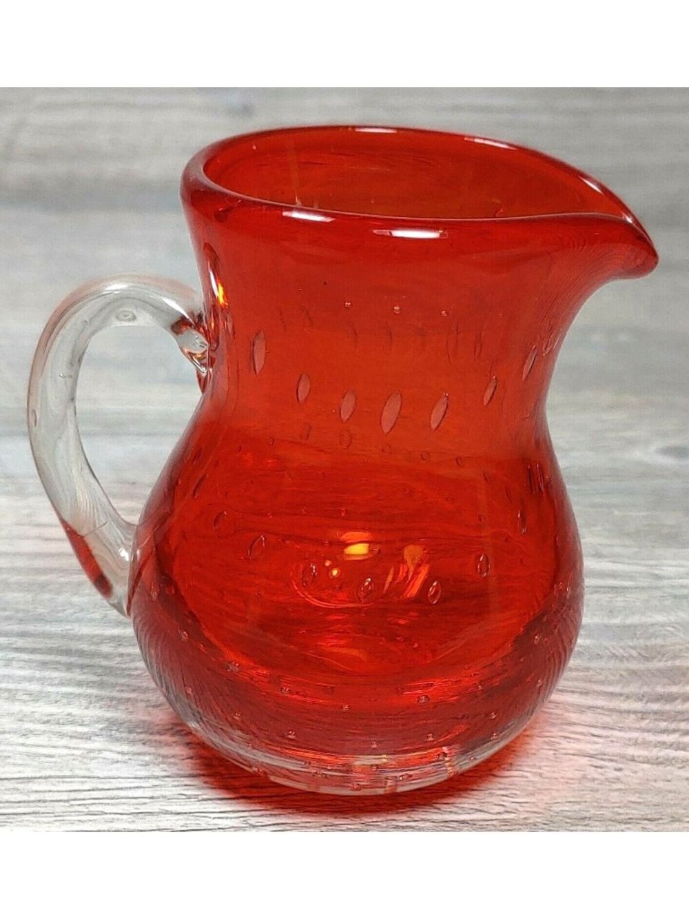 Vintage Hand Blown Red Glass Pitcher With Clear Handle Textured Bubble Design
